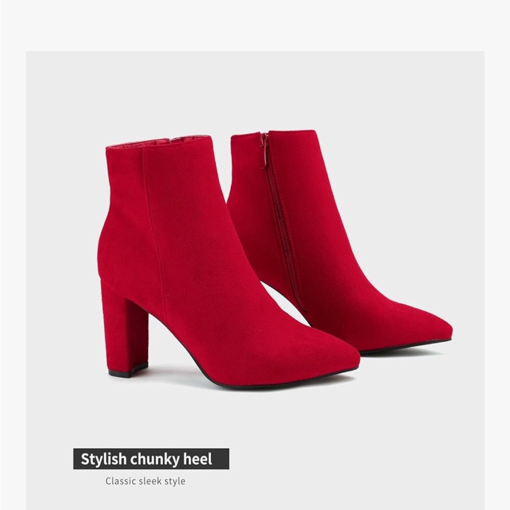 Dream Pairs Red Pointed Toe Chunky Heel Ankle Boots
